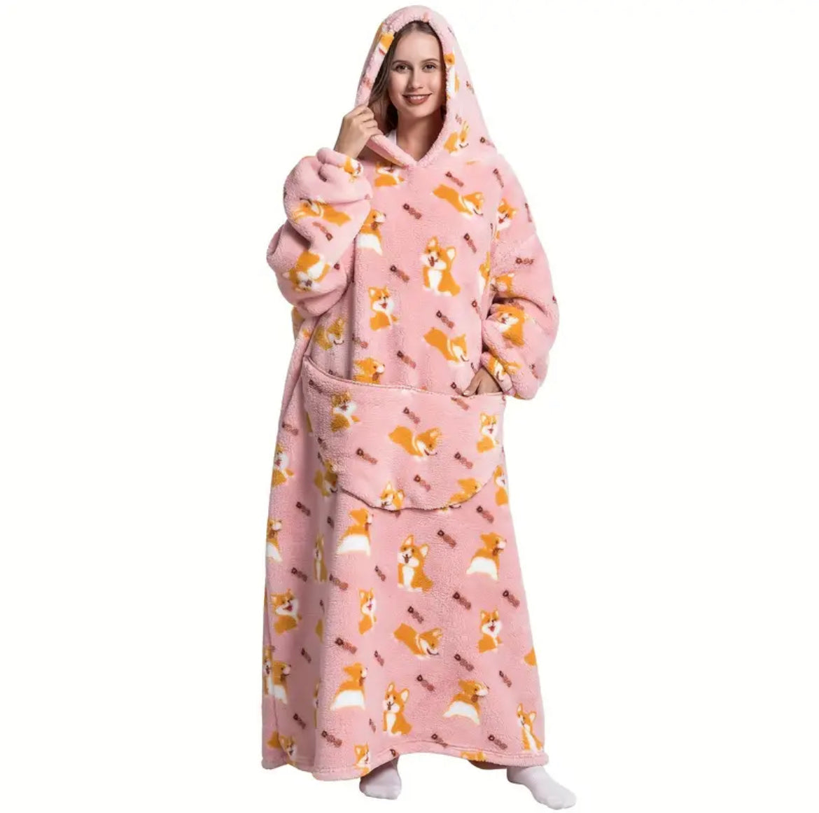 Fuzzy Pocketed Long Sleeve Hooded Blanket Lounge Dress - 17 Print options - PRELAUNCH