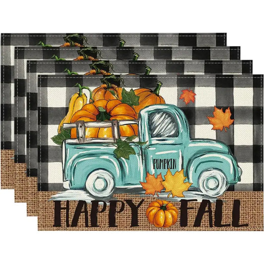 Happy Fall Plaid Truck 4 Piece Place Mats