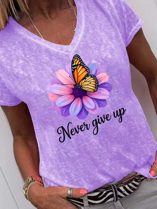 Women's Never Give Up V-neck Vinyl Graphic T-Shirt