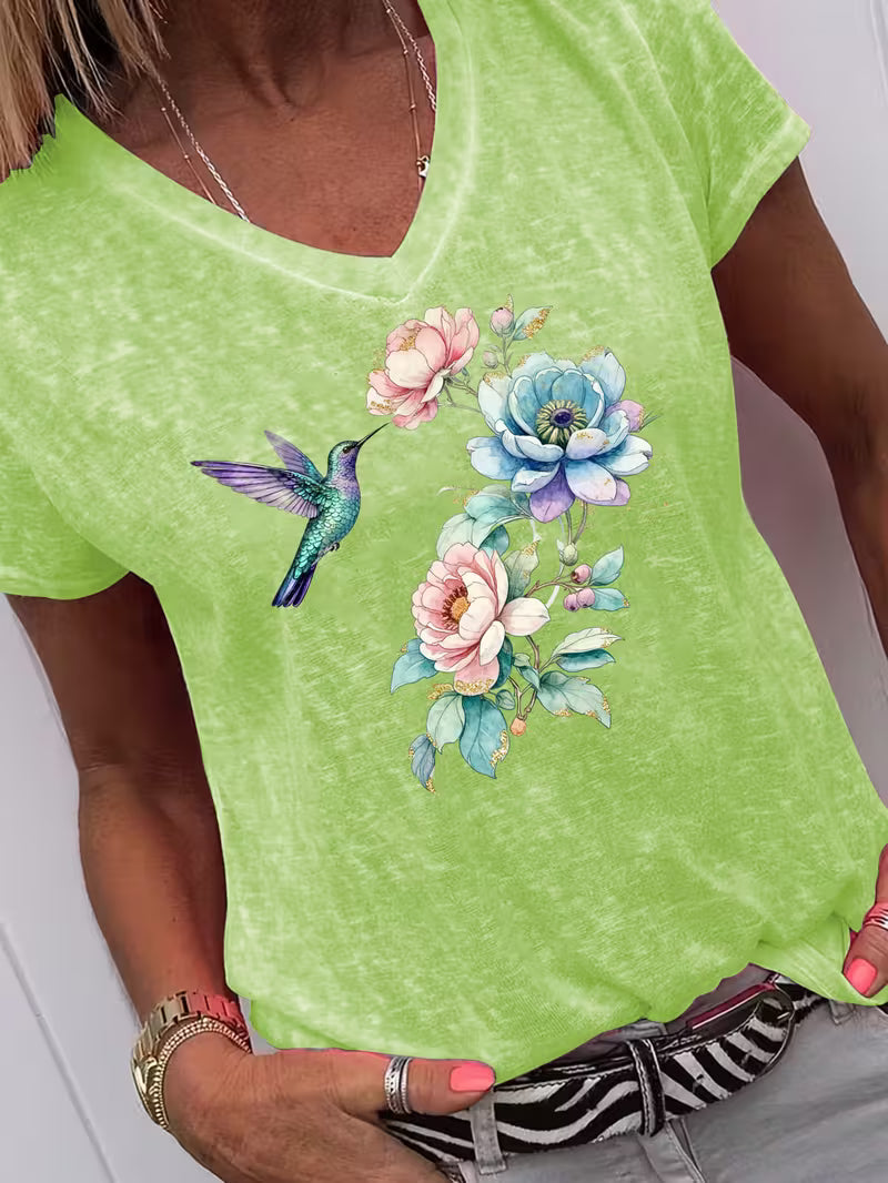 Women's Bird & Flowers V-neck Vinyl Graphic T-Shirt
