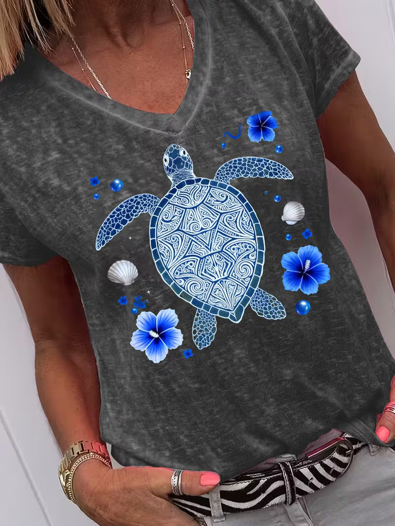 Women's Turtle V-neck Vinyl Graphic T-Shirt