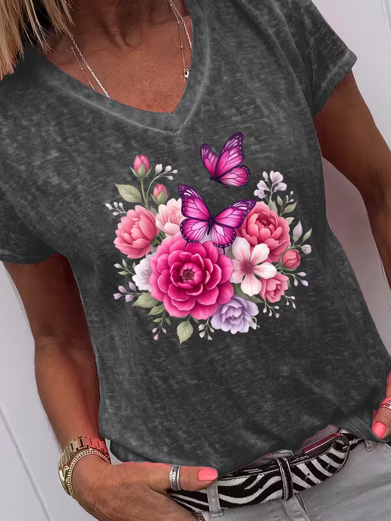Women's Butterfly & Flower Bouquet V-neck Vinyl Graphic T-Shirt