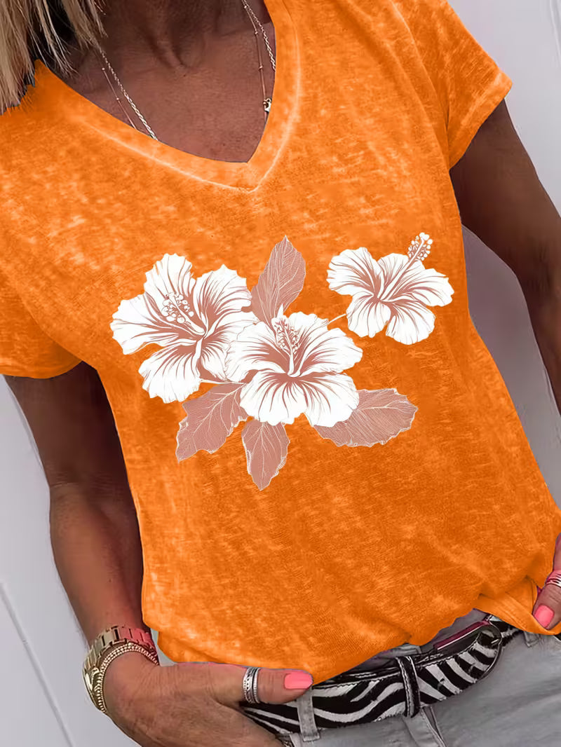 Women's Flowers V-neck Vinyl Graphic T-Shirt