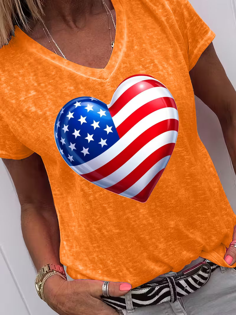 Women's Flag Heart V-neck Vinyl Graphic T-Shirt