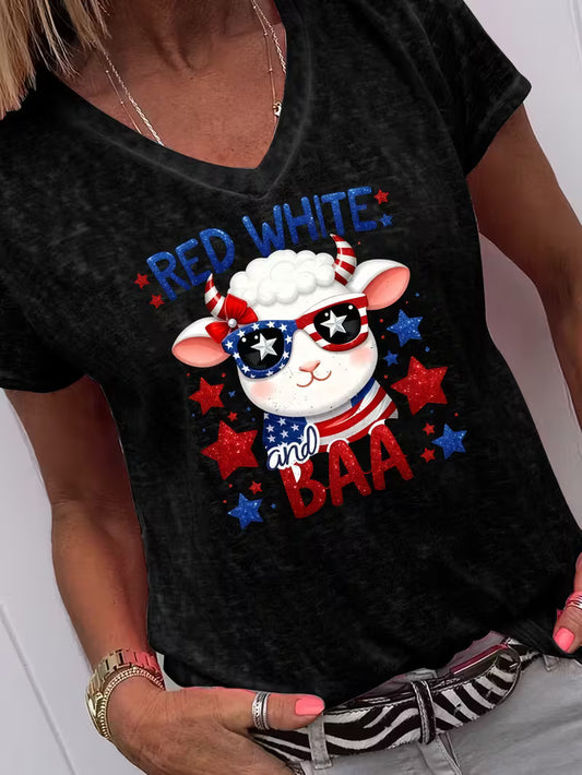Women's Red Wgite & Baa V-neck Vinyl Graphic T-Shirt