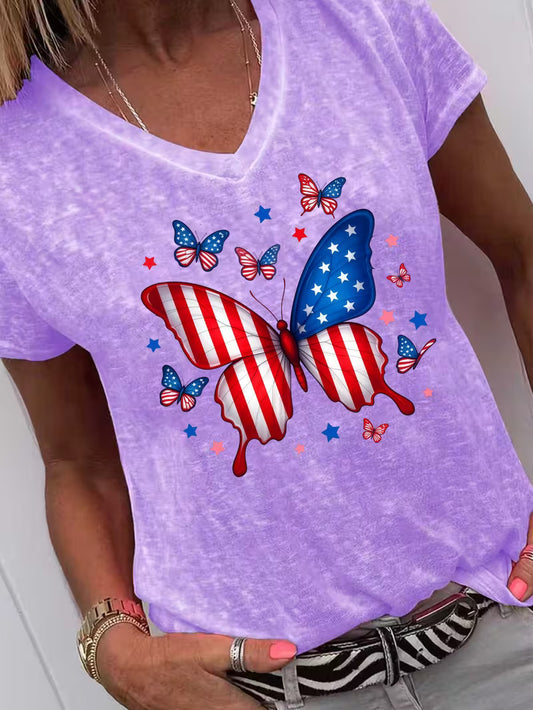Women's Red White & Blue Butterfly V-neck Vinyl Graphic T-Shirt