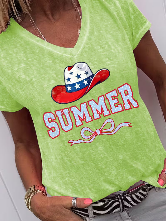 Women's Summer V-neck Vinyl Graphic T-Shirt