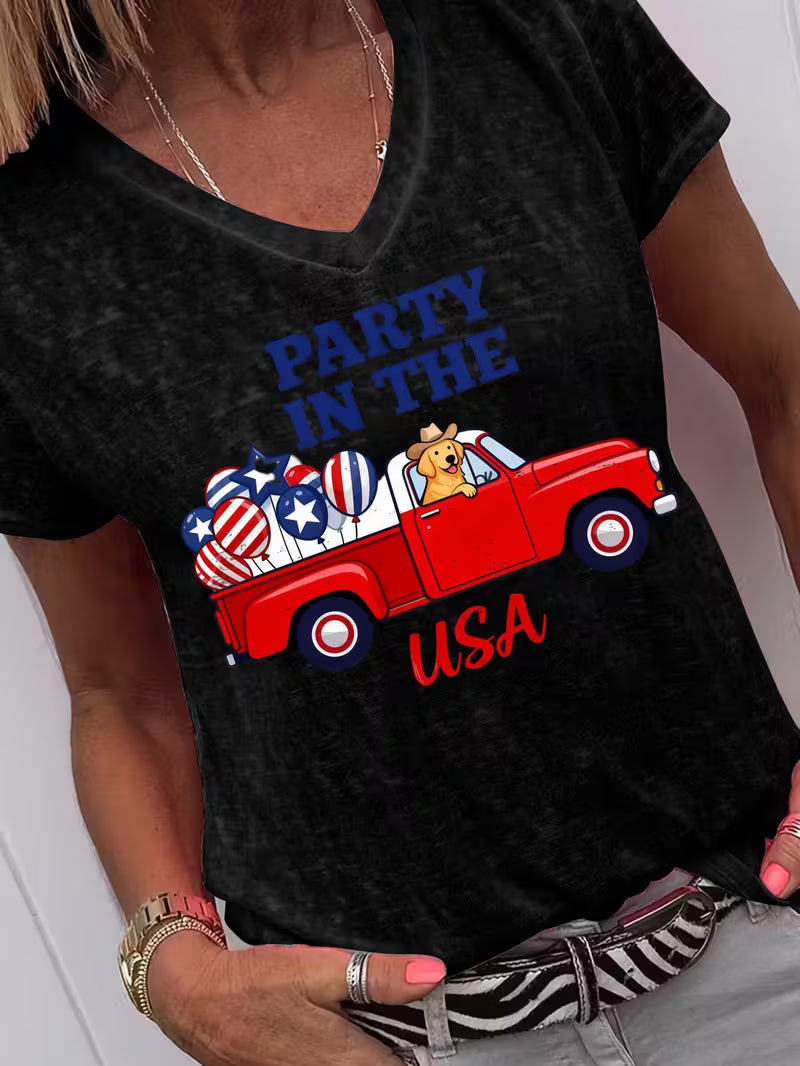Women's Party In The USA V-neck Vinyl Graphic T-Shirt