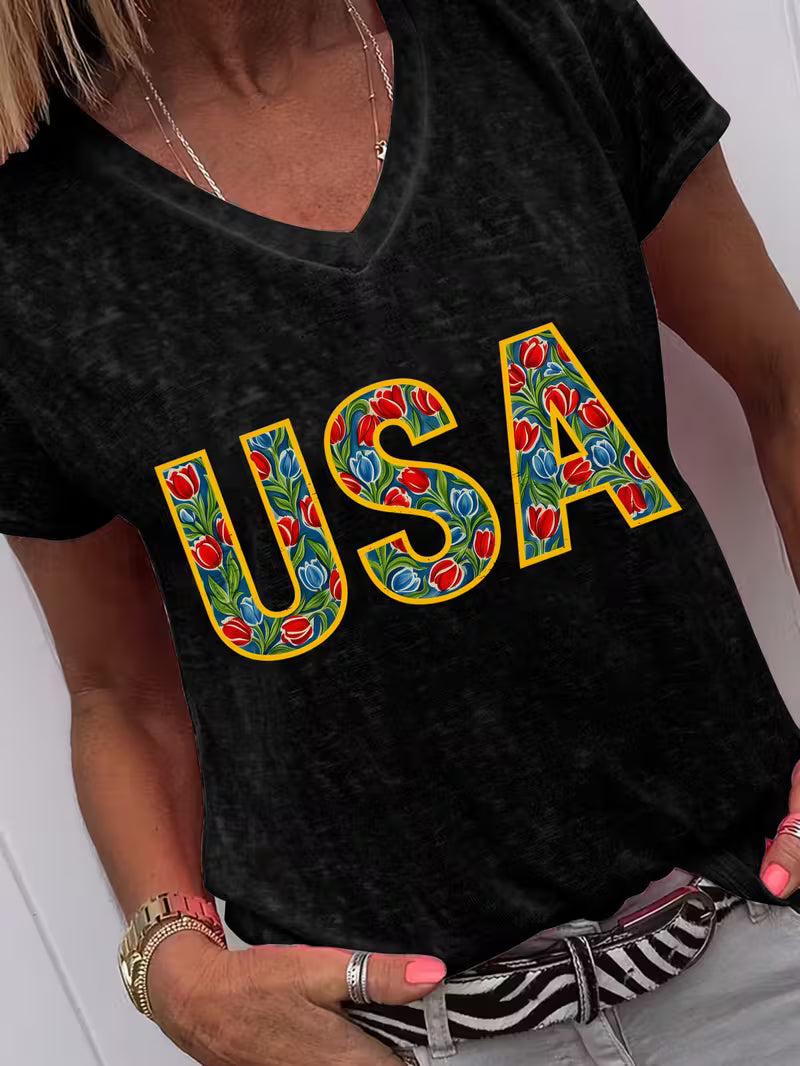 Women's Floral USA V-neck Vinyl Graphic T-Shirt