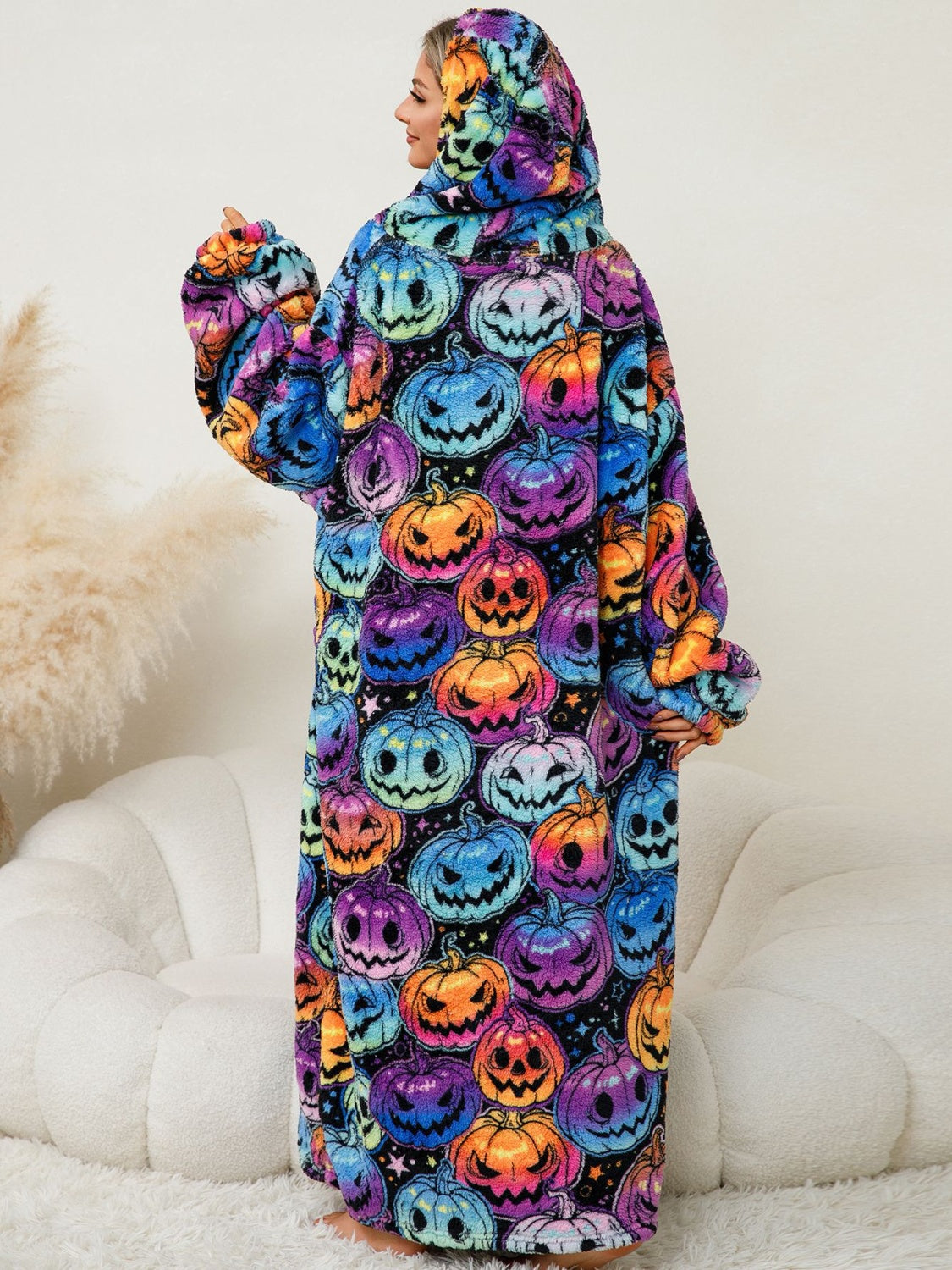 Fuzzy Pocketed Long Sleeve Hooded Blanket Lounge Dress - 17 Print options - PRELAUNCH