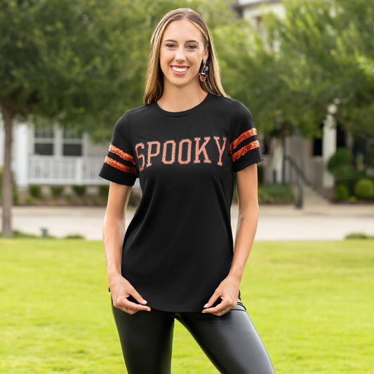 Sequin SPOOKY Varsity Stripe Top