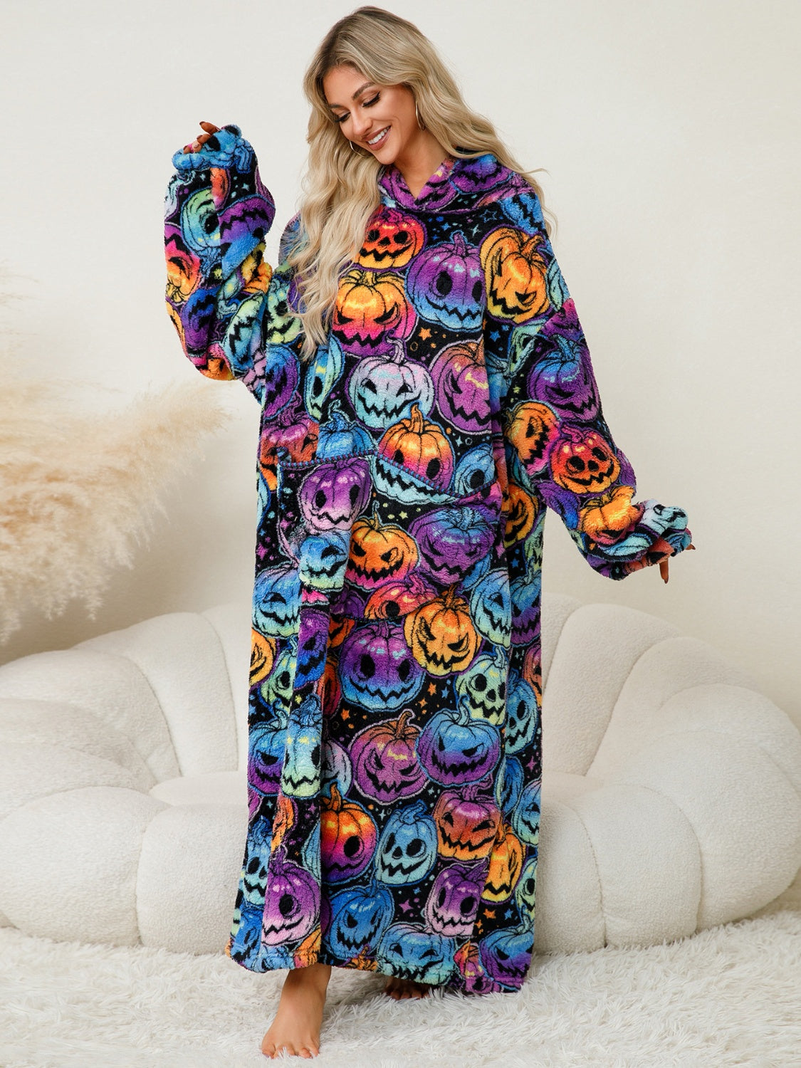 Fuzzy Pocketed Long Sleeve Hooded Blanket Lounge Dress - 17 Print options - PRELAUNCH