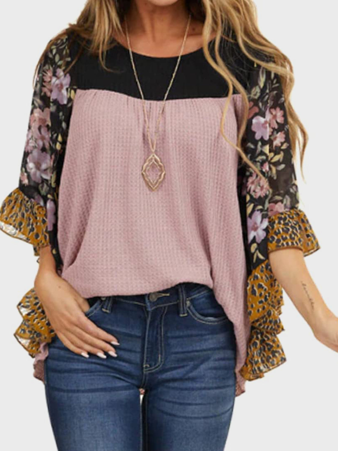 8 Color Options! Full Size Printed Round Neck Three-Quarter Sleeve Blouse