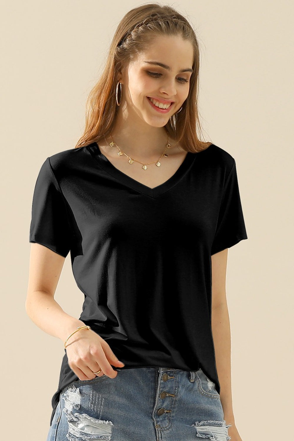 10 Colors! Ninexis Full Size V-Neck Short Sleeve T-Shirt