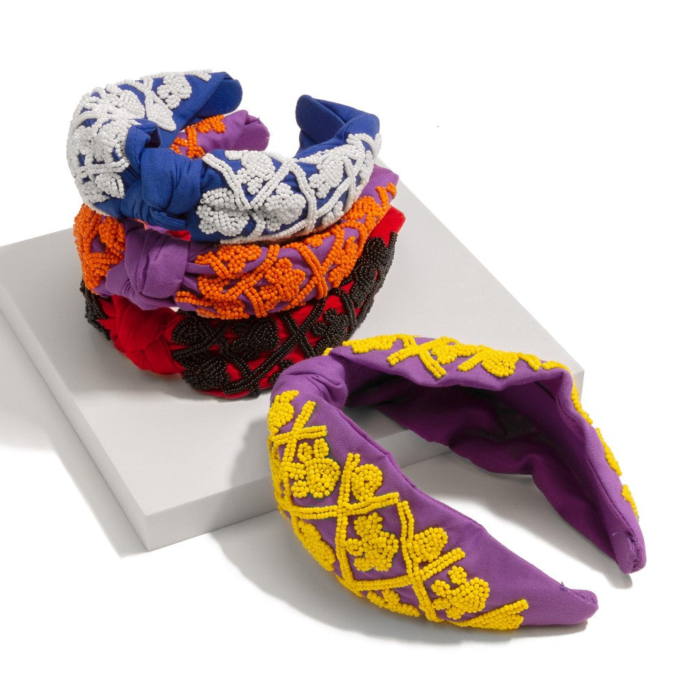Game Day Seed Beaded Checkered Paw Print Knotted Headband