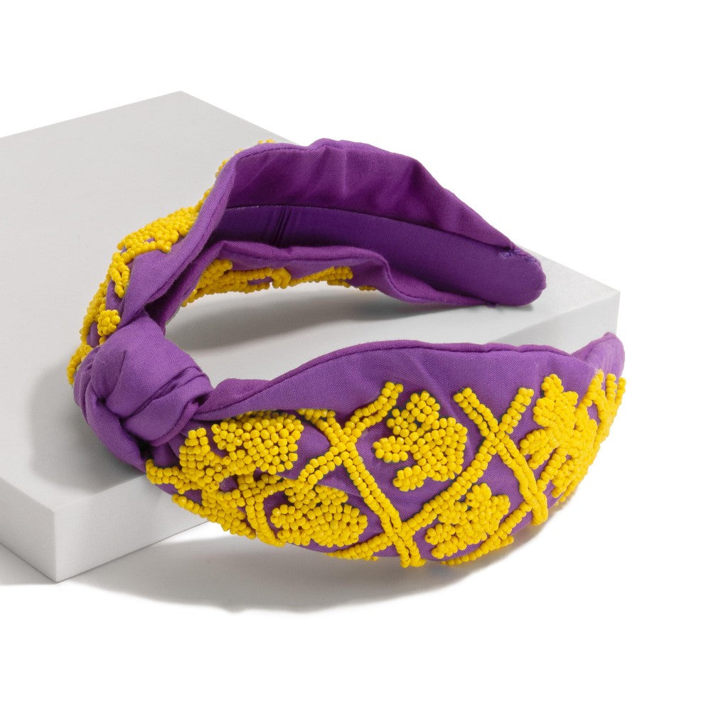 Game Day Seed Beaded Checkered Paw Print Knotted Headband