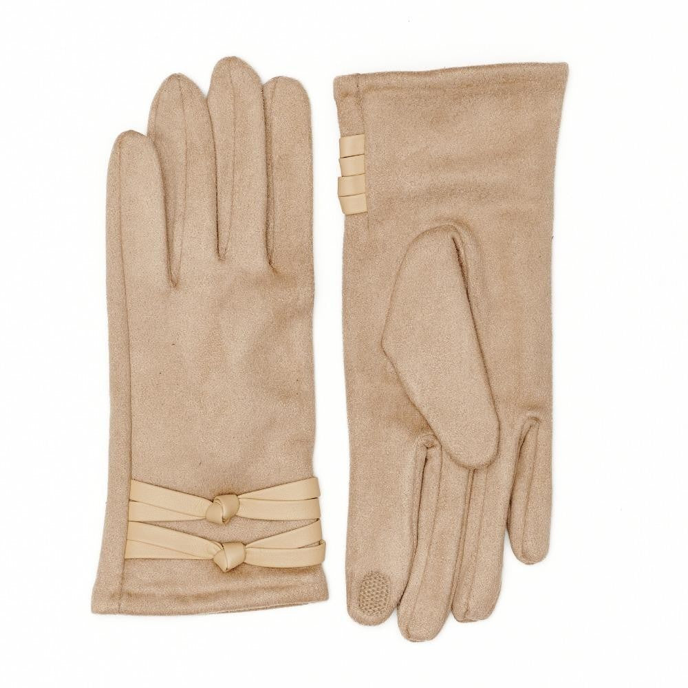 4 Colors - Faux Suede Gloves with Vegan Leather Knotted Strap Detail