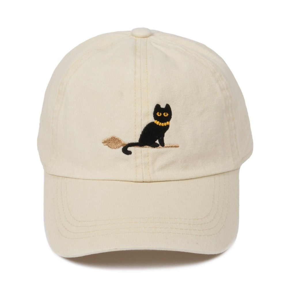 Black Cat On a Broom Embroidered Baseball Cap - 4 Color Options!