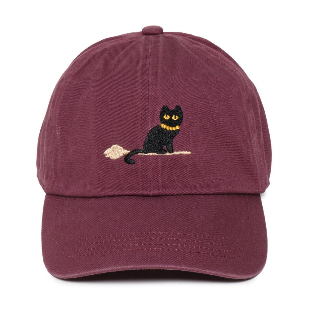 Black Cat On a Broom Embroidered Baseball Cap - 4 Color Options!