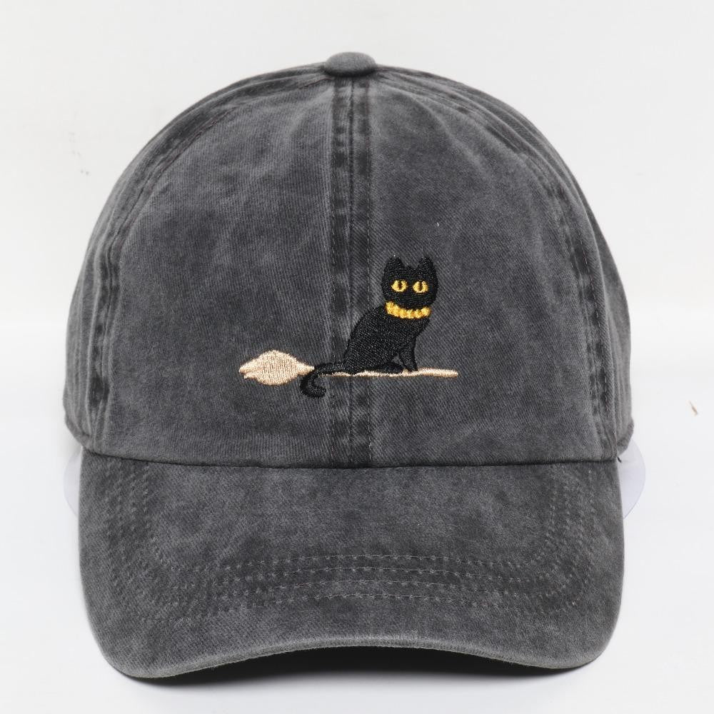 Black Cat On a Broom Embroidered Baseball Cap - 4 Color Options!