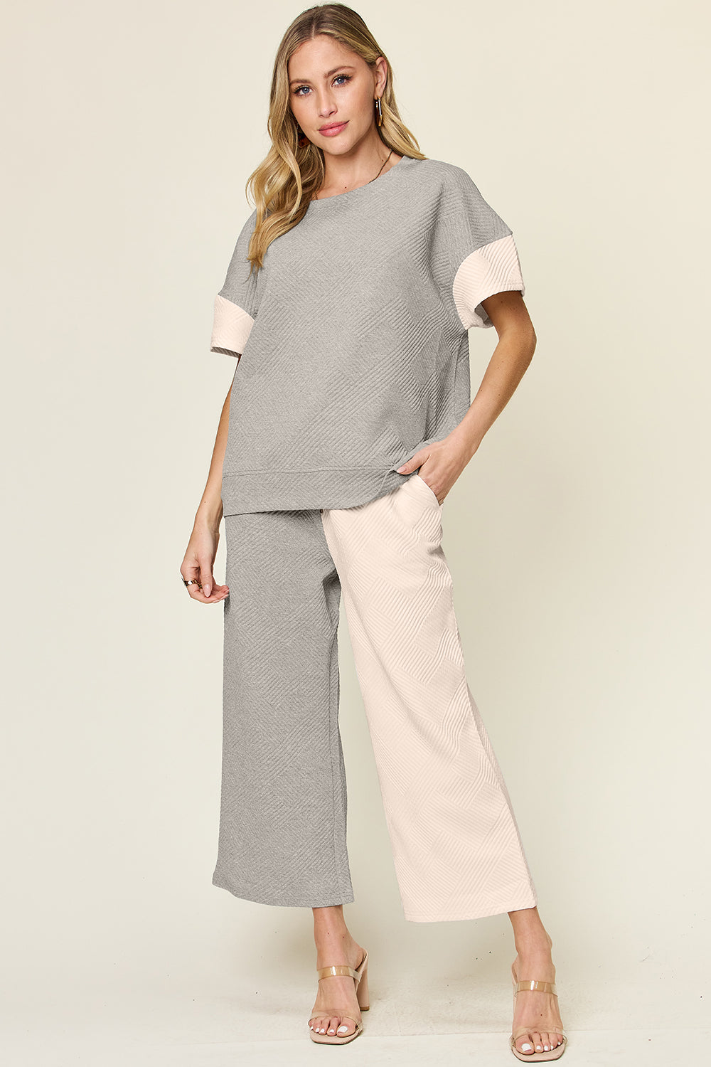 Double Take Full Size Texture Contrast T-Shirt and Wide Leg Pants Set - 4 Color Way Options!