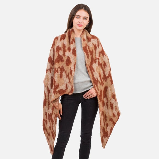 Beige Leopard Print Knit Scarf.