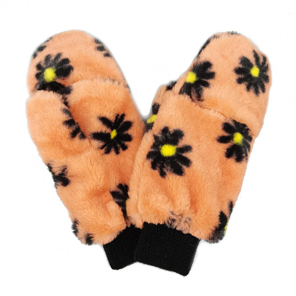 Faux Fur Daisy Printed Mittens