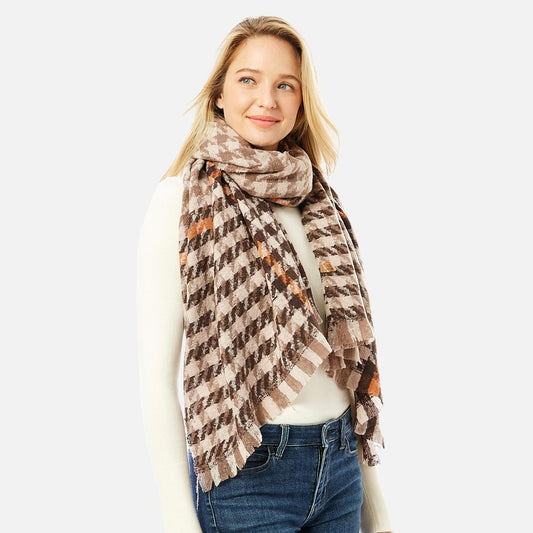 Brown Striped Houndstooth Scarf.