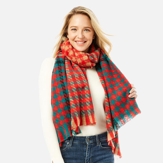 Red & Green Striped Houndstooth Scarf.