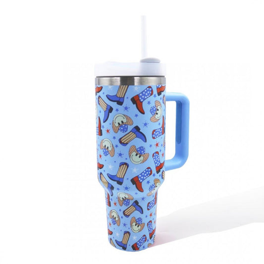 Americana Boots and Cowboy Happy Face Printed 40oz Double Wall Stainless Steel Vacuum Tumbler With Handle