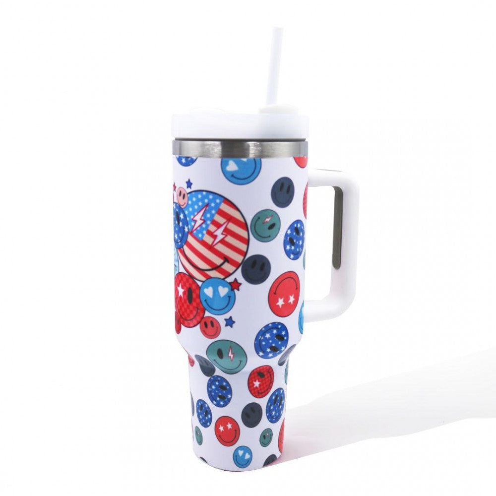 Americana Happy Face Printed 40oz Double Wall Stainless Steel Vacuum Tumbler With Handle