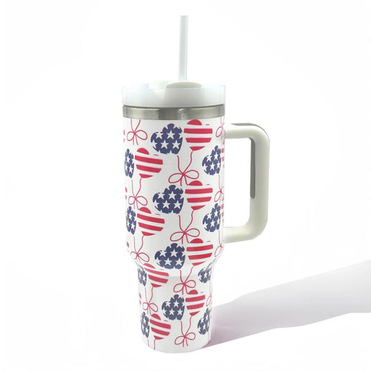 Americana Heart Balloon Printed 40oz Double Wall Stainless Steel Vacuum Tumbler With Handle