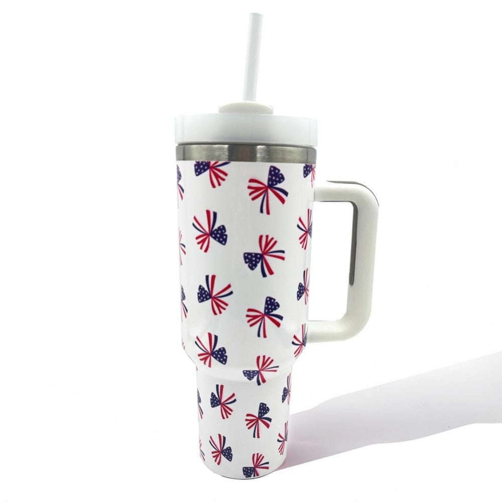 Americana Bow Printed 40oz Double Wall Stainless Steel Vacuum Tumbler With Handle