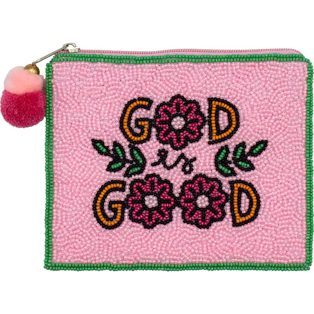 Floral "GOD GOOD" Seed Beaded Canvas Bag With Pom Pom Zipper