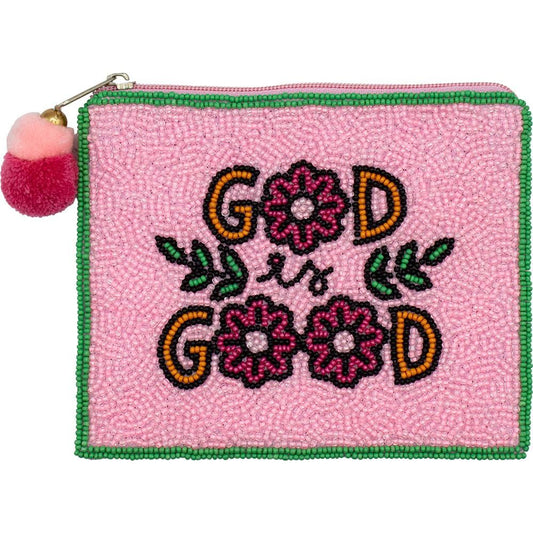Floral "GOD GOOD" Seed Beaded Canvas Bag With Pom Pom Zipper