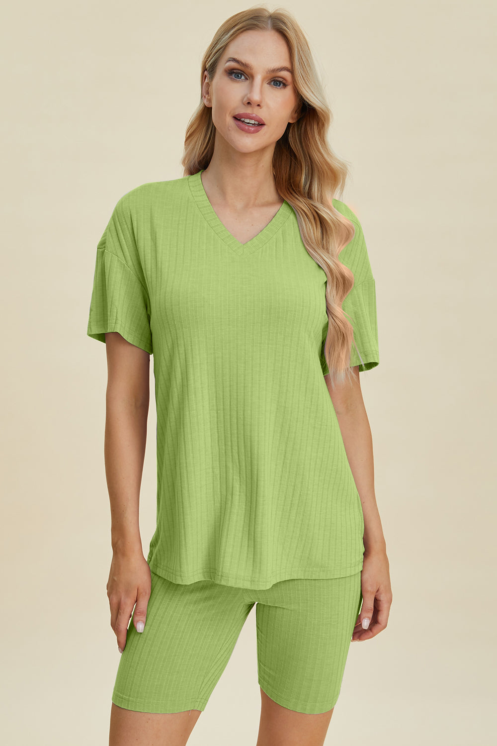 10 Color Options! Basic Bae Full Size Ribbed V-Neck Short Sleeve Top and Shorts Set