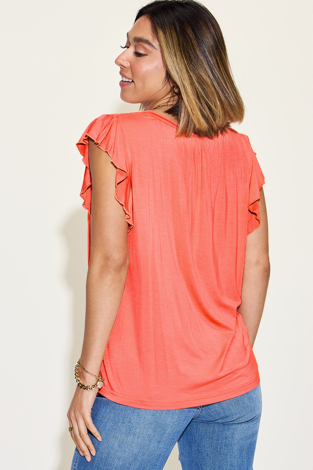 5 Colors! Basic Bae Full Size Bamboo Notched Ruffled Short Sleeve T-Shirt