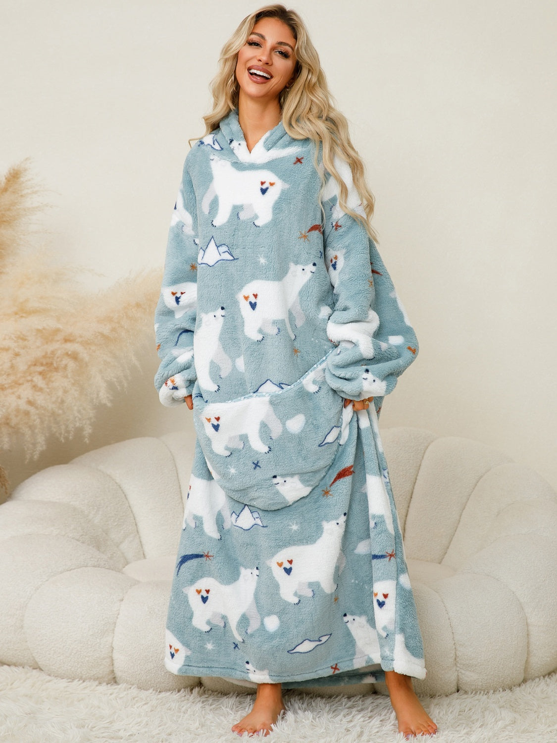 Fuzzy Pocketed Long Sleeve Hooded Blanket Lounge Dress - 17 Print options - PRELAUNCH