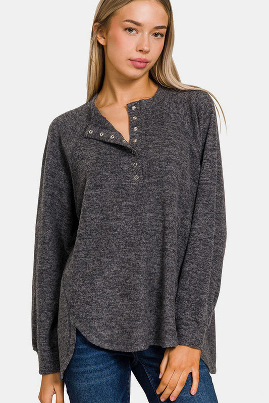 Keeping It Real Brushed Melange Hacci Long Sleeve Tee in Charcoal Black
