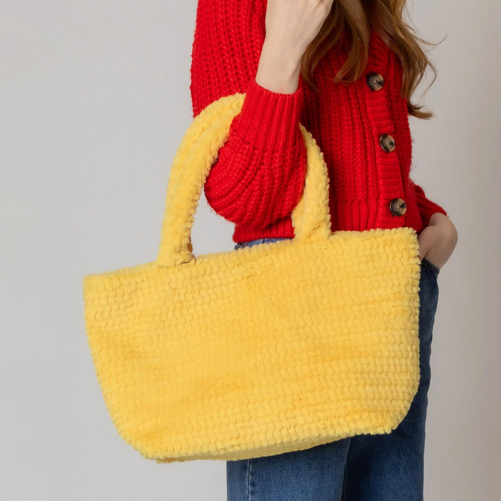 Do Everything In Love Textured Chevron Faux Fur Tote Bag - yellow