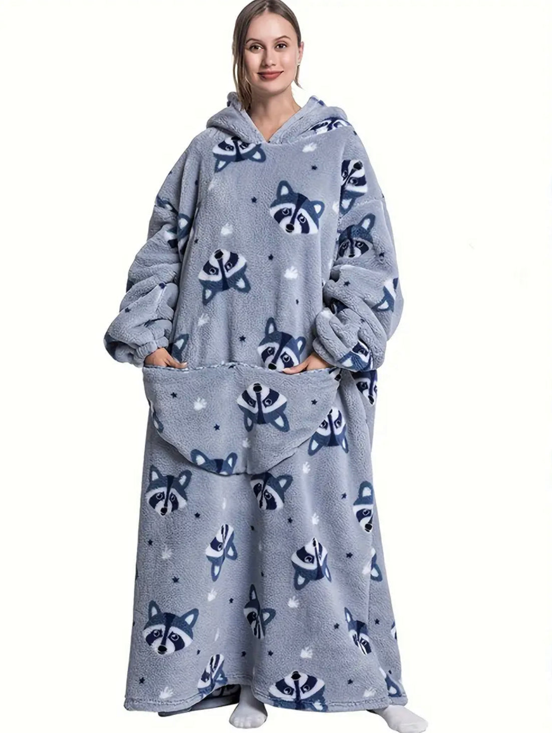 Fuzzy Pocketed Long Sleeve Hooded Blanket Lounge Dress - 17 Print options - PRELAUNCH