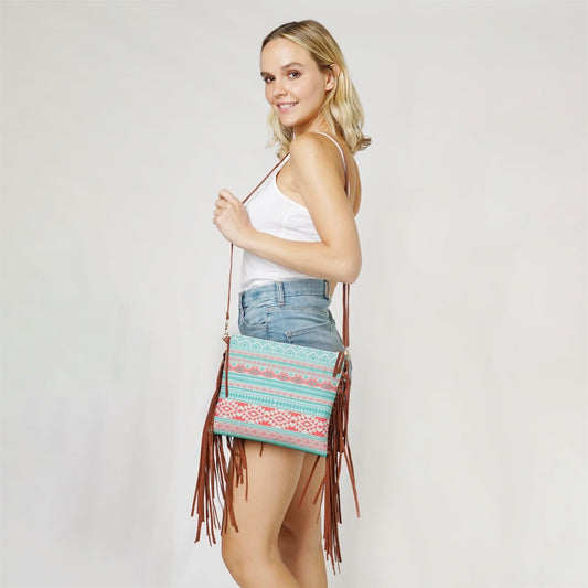 Aztec Crossbody Canvas Bag With Side Tassel Detail
