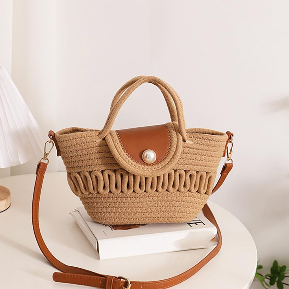 Woven Rattan Handbag With Leather Accent Details