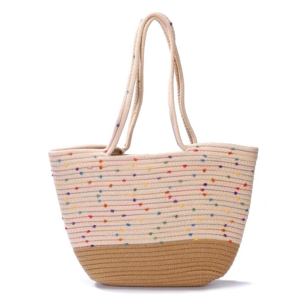 Braided Straw Rope Tote Bag With Stitched Pom Accents - 2 Color Options!
