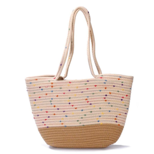 Braided Straw Rope Tote Bag With Stitched Pom Accents - 2 Color Options!