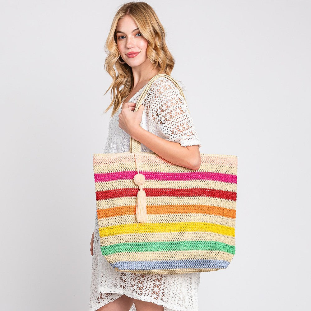 Striped Straw Crochet Tote Bag With Pom Pom Tassel