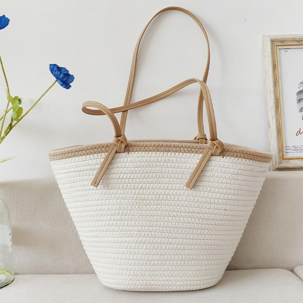 Woven Tote Bag With Knotted Leather Straps - 2 Color Options!