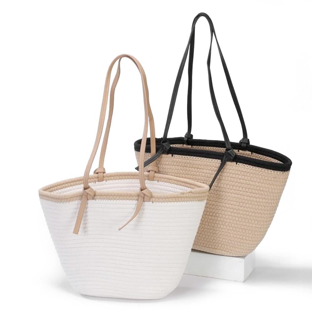 Woven Tote Bag With Knotted Leather Straps - 2 Color Options!