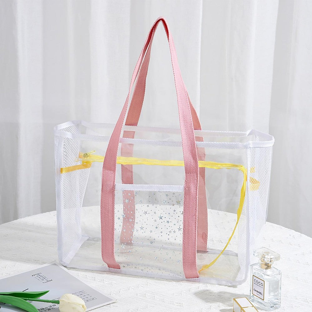 Clear Tote Bag With Mesh Netting and Glitter Stars Detail - 3 Color Options!