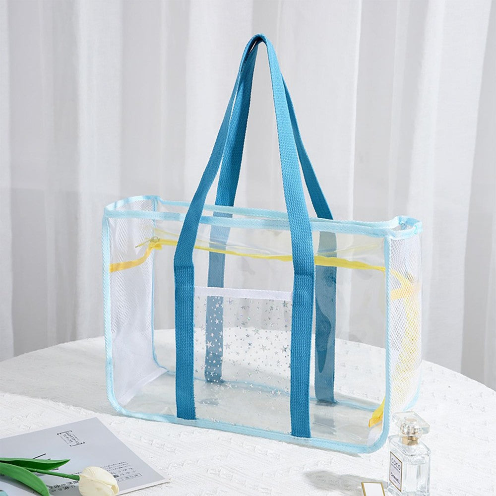 Clear Tote Bag With Mesh Netting and Glitter Stars Detail - 3 Color Options!